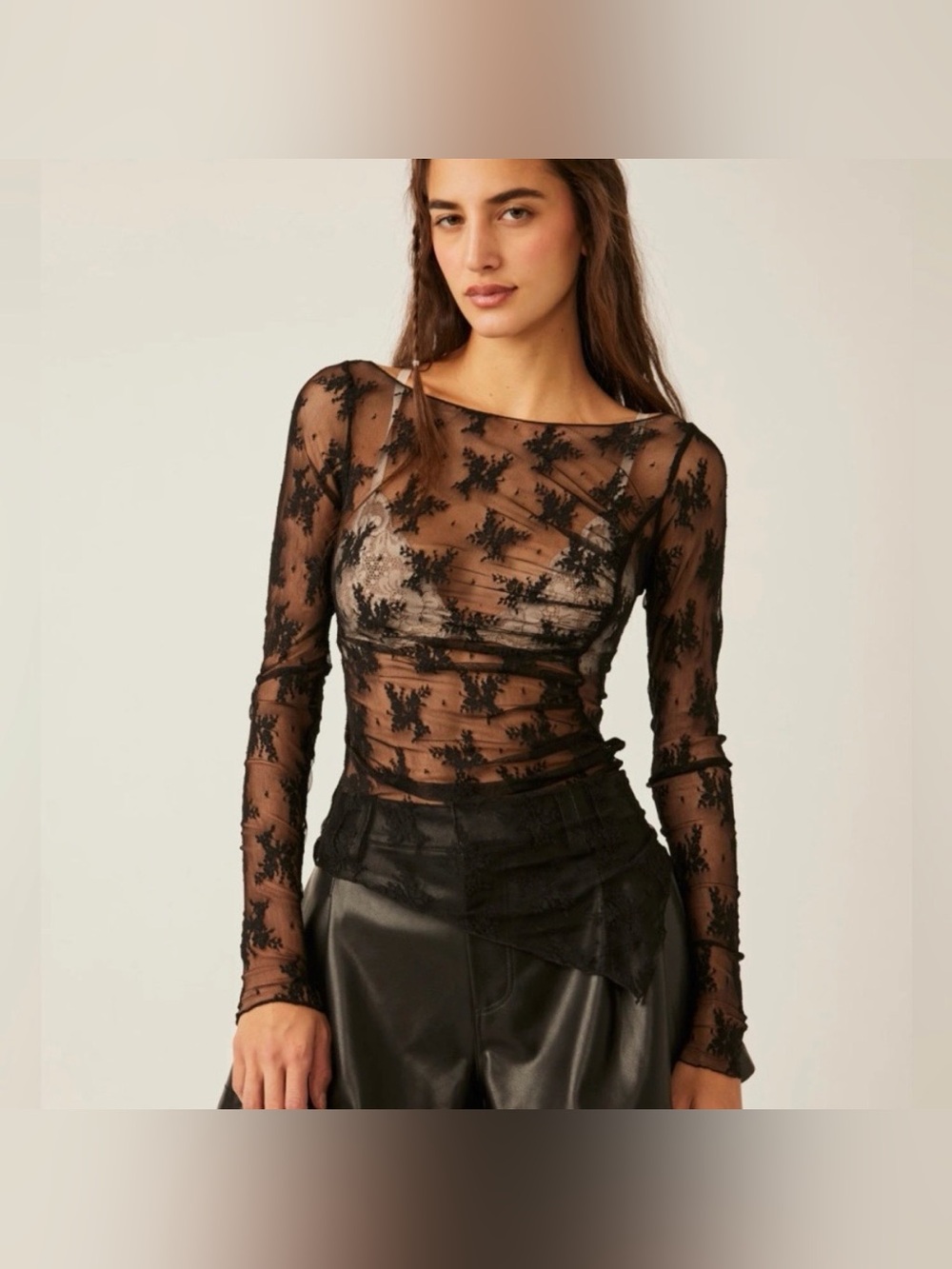 Free People Black Sheer Floral Lace Long Sleeve Top